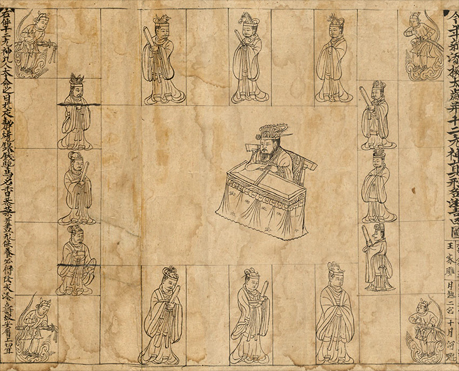 The drawing shows the Year-star god (Taisui) surrounded by the twelve Great Spirits (Yuanshen) and the four guardian kings (Lokapala)